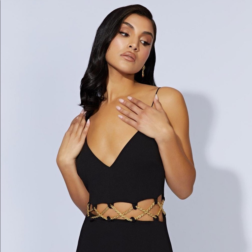 brand new black MESHKI maxi dress gold chain